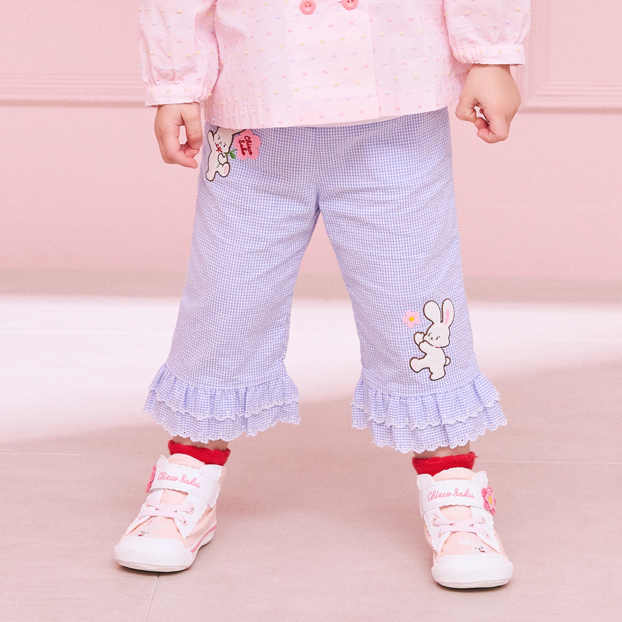 Chieco Saku Dewdrop Jewels Seersucker Ruffled Trousers